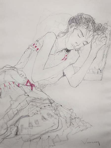 ジャンセン　「バラ色の背景の眠る少女」　65×50㎝　水彩